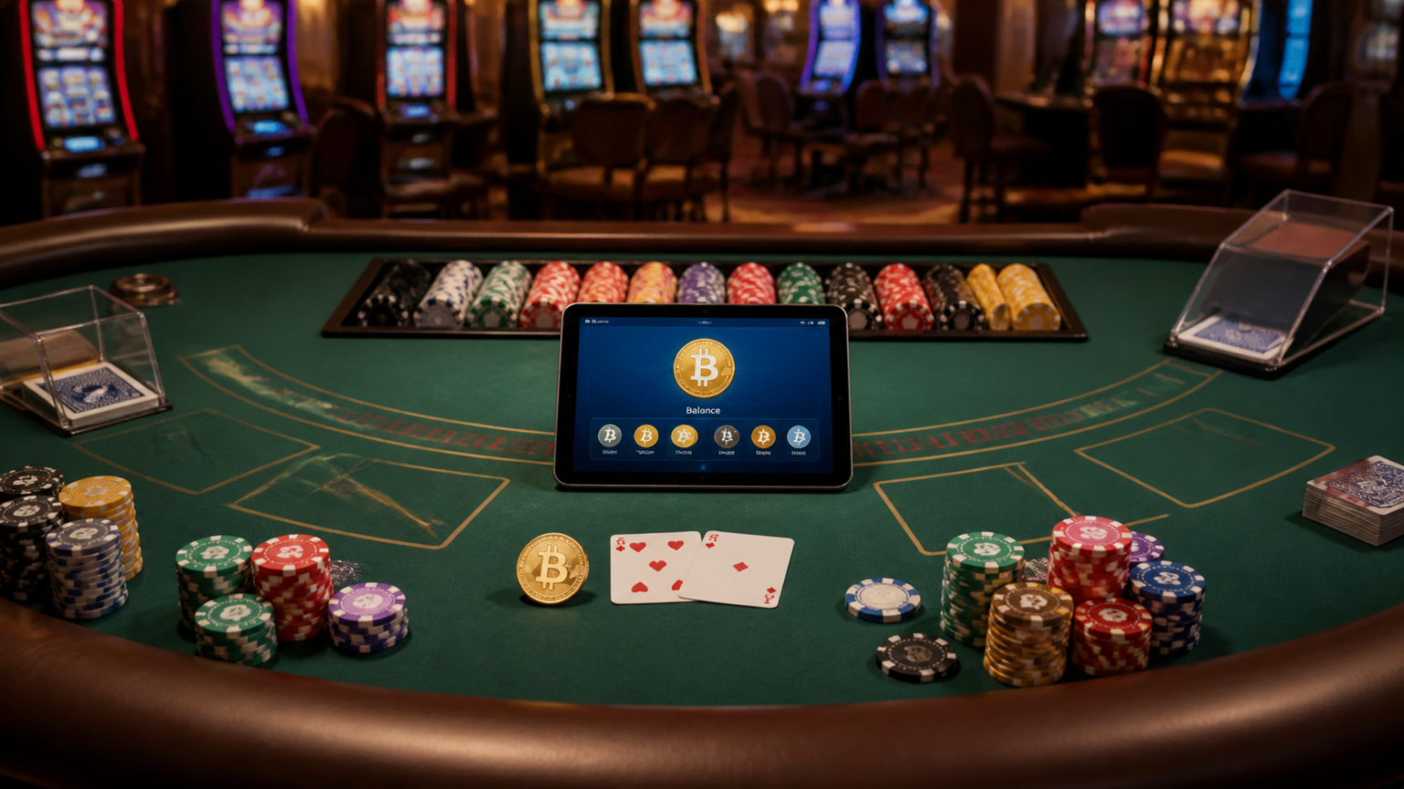 Crypto casino gaming table with chips, cards, and digital wallet