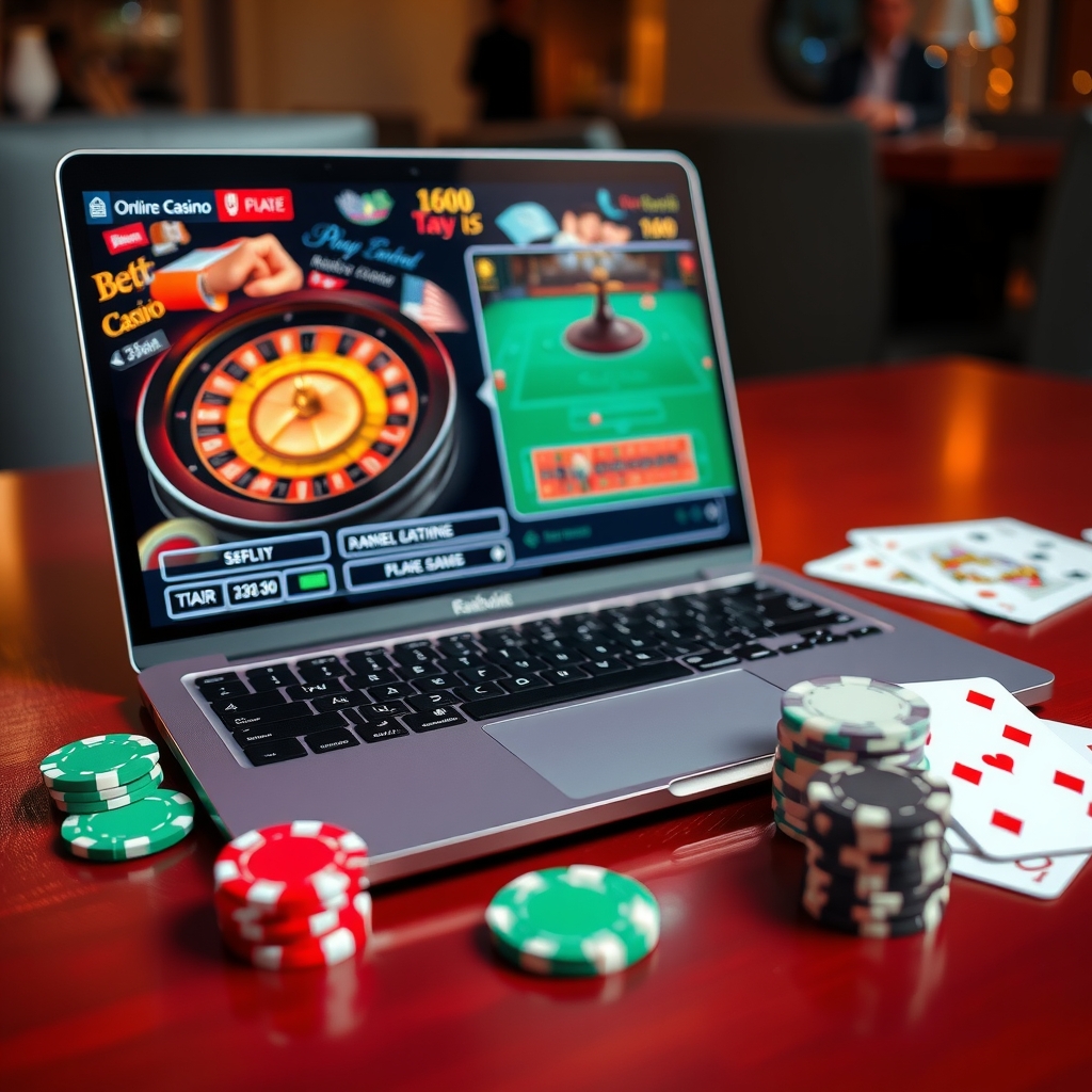 Comparing best online casino sites Singapore: A Practical Guide Laptop displaying an online casino roulette game beside playing cards and casino chips.