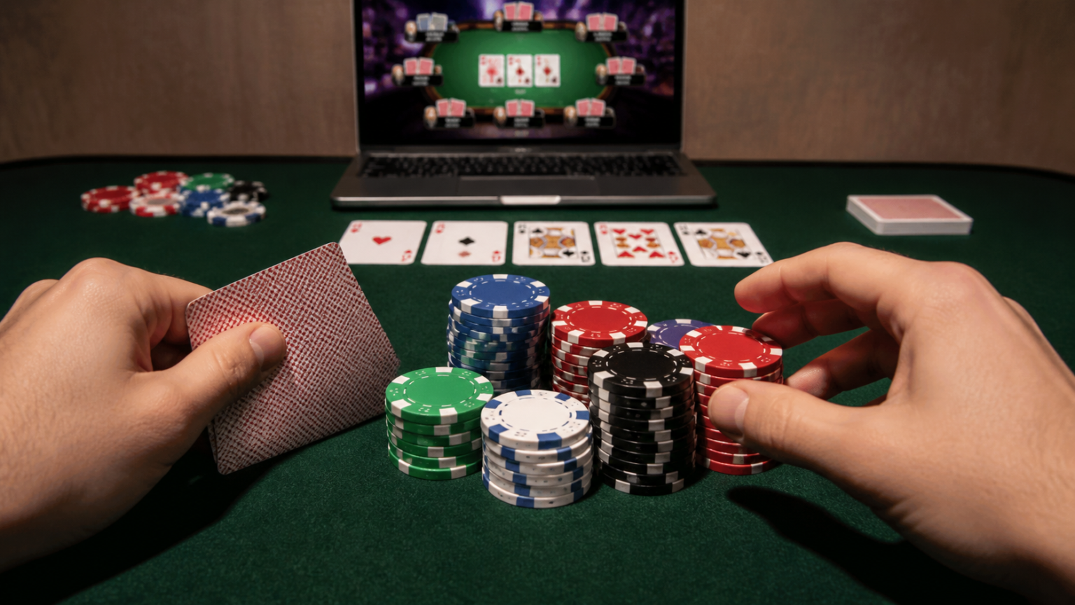 Guide to เกมโป๊กเกอร์ออนไลน์: Skills, Formats, and Smart Play Poker table with cards and chips for online poker