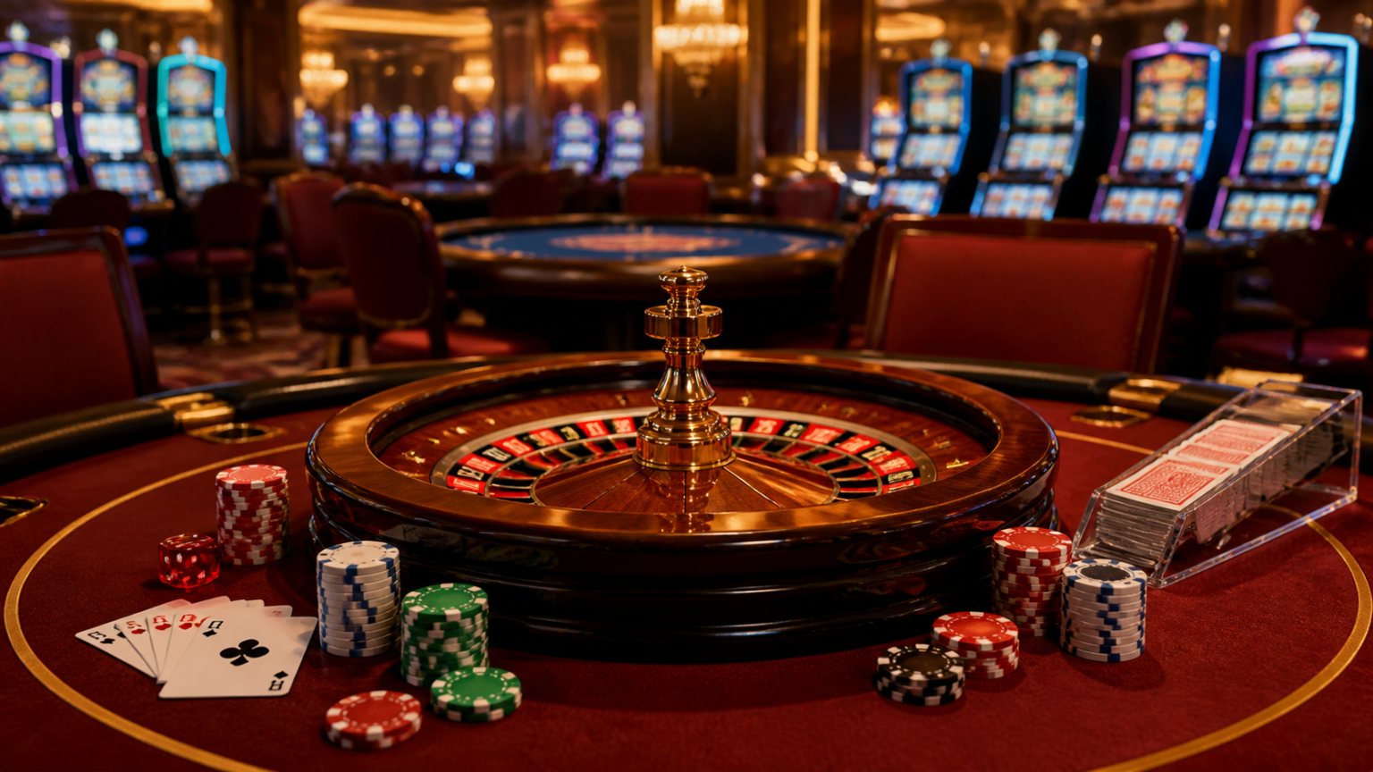 Khám Phá Nhà Cái Uy Tín Nhất Qua Nhà Cung Cấp Trò Chơi Và Chất Lượng Dịch Vụ Casino gaming setup with cards, roulette, and slot machine visuals