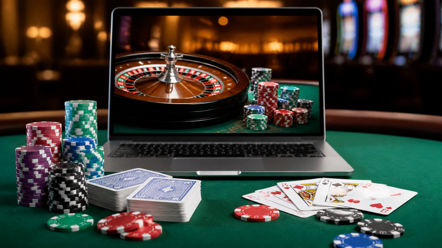Online casino Singapore gaming setup with laptop, cards, and chips