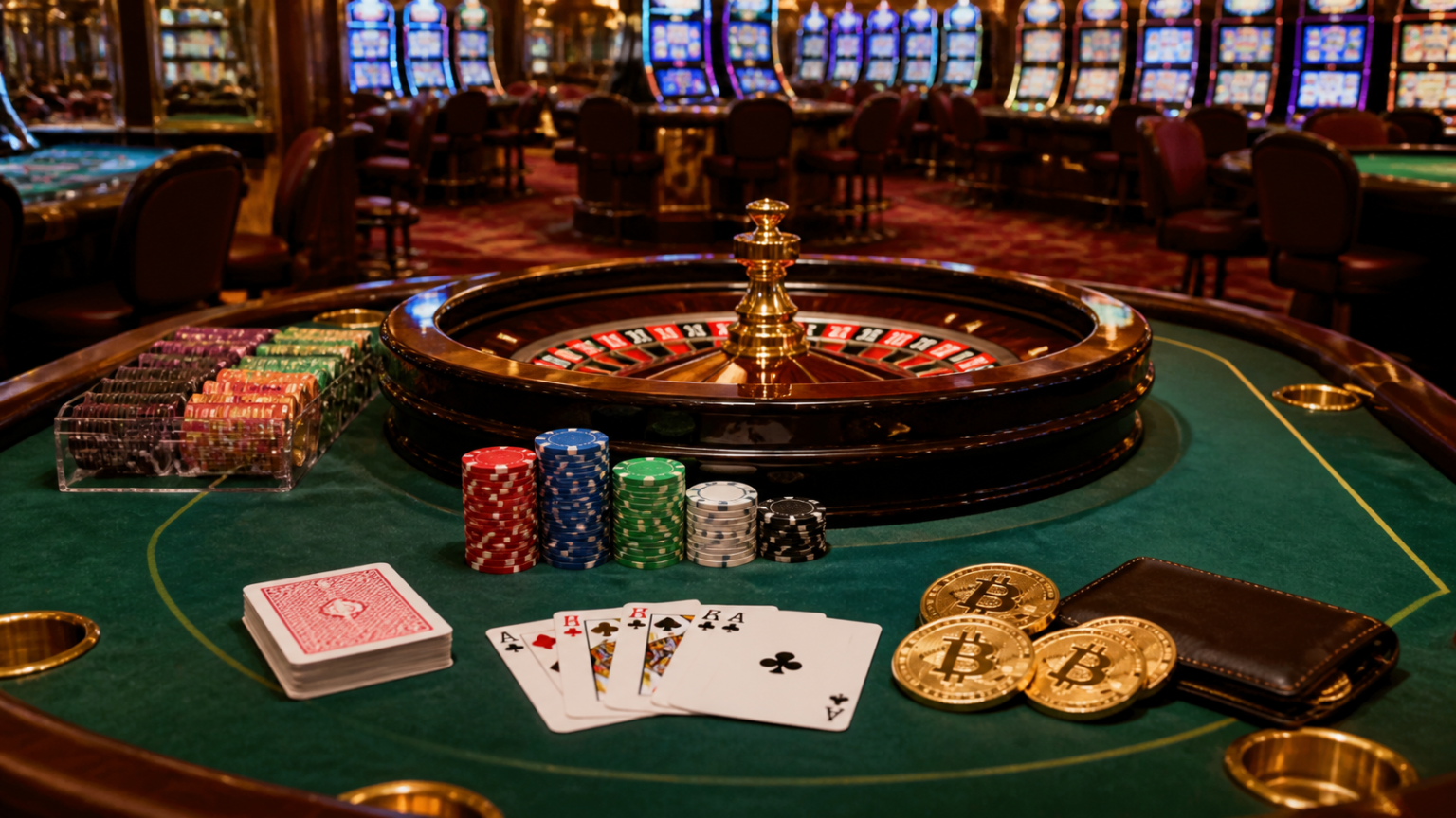 ライブ カジノの人気ゲームを選ぶ際に確認したいポイントと注意点 Crypto casino table with cards, chips, and a digital wallet