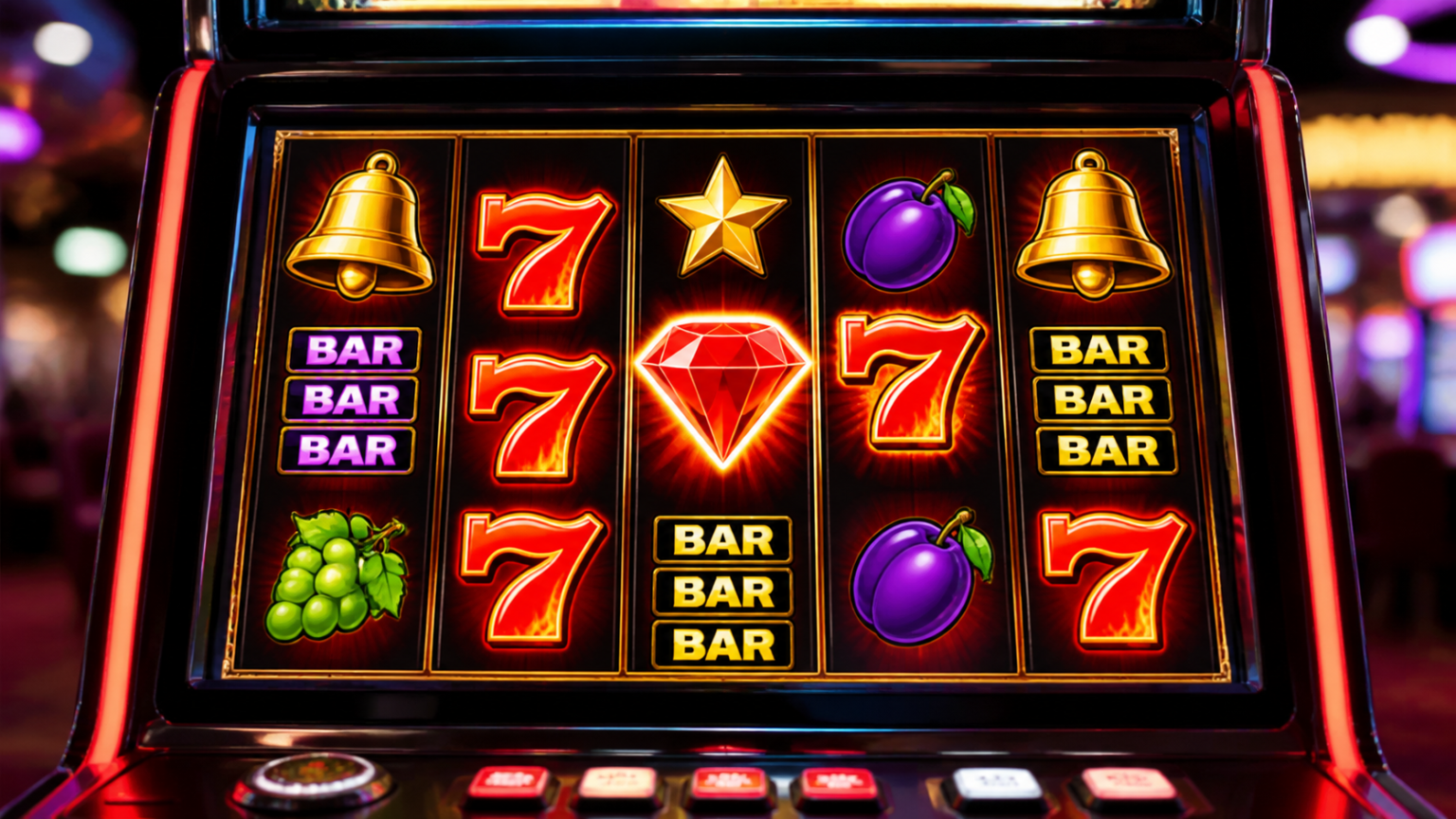 Máy slot casino với vòng quay và biểu tượng thưởng