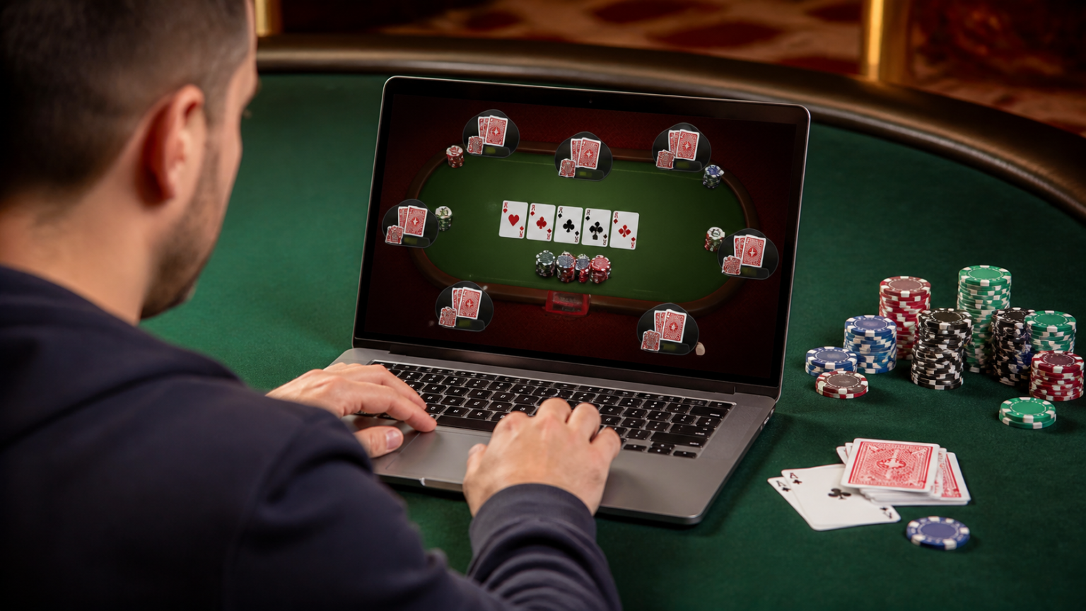 Online Poker in Malaysia: A Practical Guide for Players Player using a laptop for online poker with cards and chips