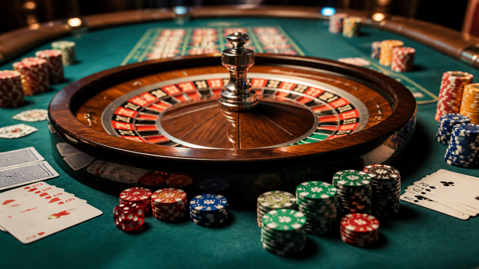 Casino table with chips, cards, and roulette wheel