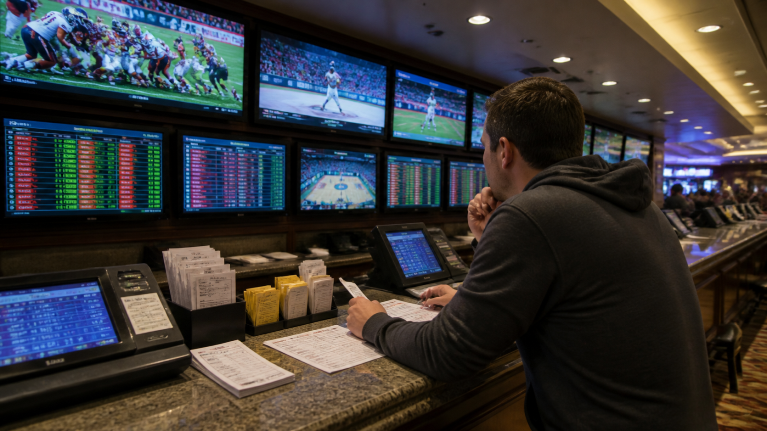 Sports betting site interface with odds and betting slip in a casino related setting